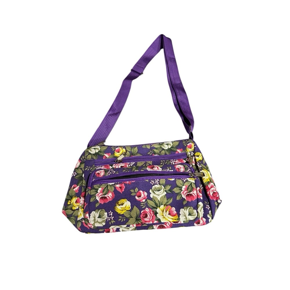 NEW cross body bag purse purple floral flowers zipper pockets pink yellow green